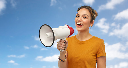 Image showing young woman or teenage girl with megaphone