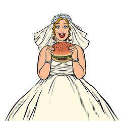 Image showing Bride eats fast food Burger. Hungry woman