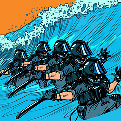 Image showing Riot police resist the wave. The concept of inevitability of democratic changes in authoritarian and totalitarian regimes