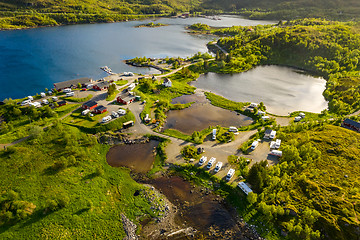 Image showing Beautiful Nature Norway Aerial view of the campsite to relax.