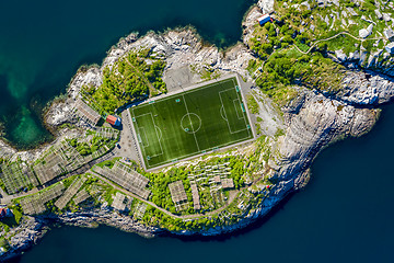 Image showing Football field stadium in Henningsvaer from above.
