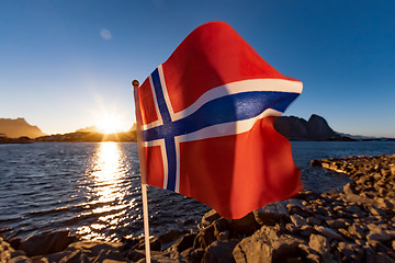 Image showing Norway Flag. Beautiful Nature Norway natural landscape.