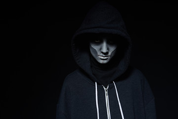 Image showing Boy with Halloween zombie makeup with hood on
