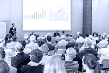 Image showing Business speaker giving a talk in conference hall.