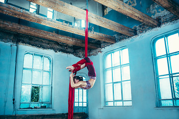 Image showing Graceful gymnast performing aerial exercise at loft