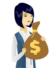 Image showing Upset asian business woman with bag full of taxes.