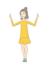 Image showing Caucasian hippie woman standing with raised arms.