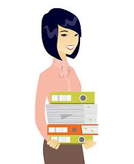 Image showing Young asian business woman holding pile of folders