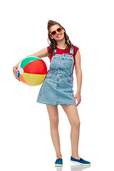 Image showing smiling teenage girl in sunglasses with beach ball