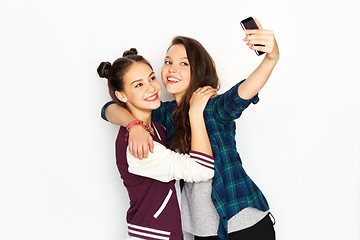 Image showing happy teenage girls taking selfie by smartphone