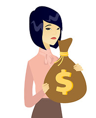 Image showing Upset asian business woman with bag full of taxes.