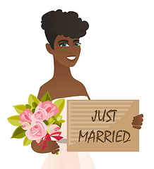Image showing African bride holding plate with text just married