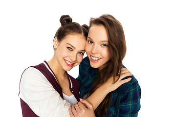 Image showing happy smiling pretty teenage girls hugging