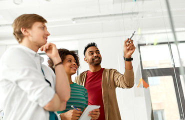 Image showing happy creative team at office glass board