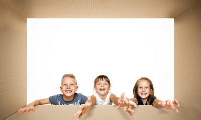 Image showing Shocked people opening the biggest postal package