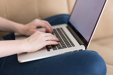 Image showing young woman on sofa at home websurfing