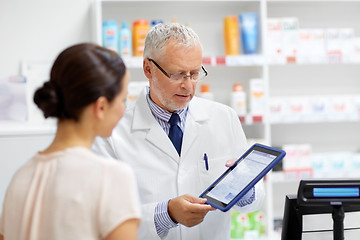 Image showing apothecary and customer with tablet pc at pharmacy