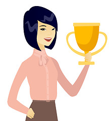 Image showing Young asian business woman holding a trophy.