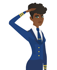 Image showing Young african-american stewardess saluting.