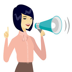 Image showing Asian business woman speaking into loudspeaker.