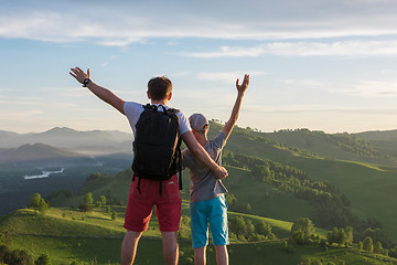 Image showing Happy father and son in the Altai mountains