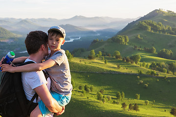 Image showing Happy father and son in the Altai mountains