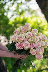 Image showing Female hands holding beauty bouquet of red roses