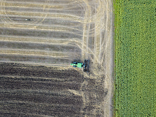 Image showing Aerial view on the tractor working on the large sunflowers field sunny day