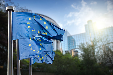 Image showing On the blue flag the symbol bitcoin. Regulation of the crypto currency by the European Union