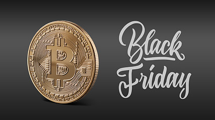 Image showing Gold coin bitcoin, calligraphic inscription black Friday