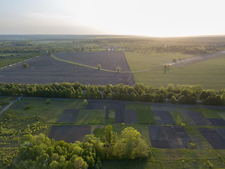 Image showing Landscape view over the field and trees against the sky. Photo from the drone