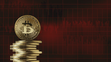 Image showing Stack of gold coins bitcoin on a red background