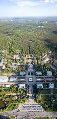 Image showing Vertical panorama to the central symmetrical square of the National Exhibition Center in Kiev, Ukraine.