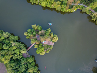 Image showing small lake in the middle of a forest and an island with a bridge, top view