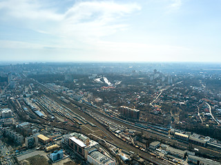 Image showing Panoramic view of the city of Kiev and the railway against the blue sky, aerial view