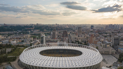 Image showing Aerial view from the drone to NSC Olympiyskiy and cityscape in Kiev, Ukraine.