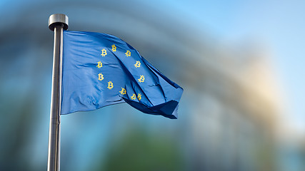 Image showing Icon bitcoin on the blue EU flag.