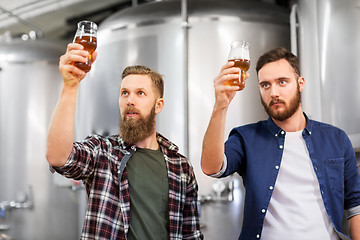 Image showing men drinking and testing craft beer at brewery