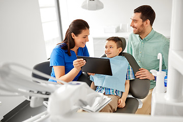 Image showing dentist showing tablet pc to kid at dental clinic