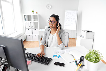 Image showing businesswoman with headset and computer at office