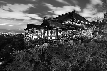 Image showing Black and white night photo of Kiyomizu-dera Temple in Kyoto, Japan