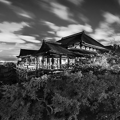 Image showing Black and white night photo of Kiyomizu-dera Temple in Kyoto, Japan