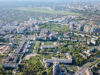 Image showing Aerial panoramic view from the drone to Kyiv Natiional University Tarasa Shevchenka and and the runway Sikorsky Kyiv International Airport Zhuliany, Ukraine.