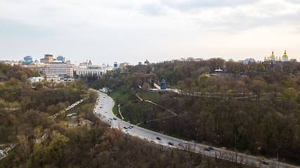 Image showing Panoramic aerial view from the drone, a view of the bird\'s eye view of the the oldest historical central part of the city of Kiev, Ukraine.
