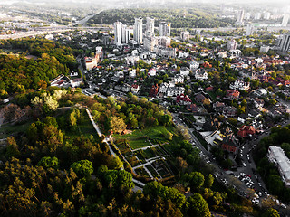 Image showing Aerial view of the botanical garden and the city of Kiev, Ukraine. Photo from the drone