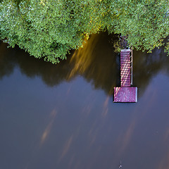 Image showing View from above on a wooden bridge, lake and green trees