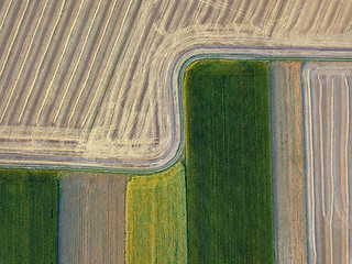 Image showing Panoramic view from flying drones to agricultural fields, prepared for sowing crops. Top view.