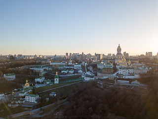 Image showing Bird\'s eye view from the drone to the Kiev Pechersk Lavra with historical cathedral of the monastery in Kiev, Ukraine.