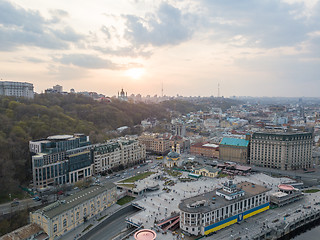 Image showing view of the river station, Postal Square with St. Elijah Church , tourist boats and the Andreev Church in Kyiv city