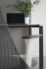 Image showing Comfortable office work space with desk, chair, computer display and green pot on a table. Green business office concept.